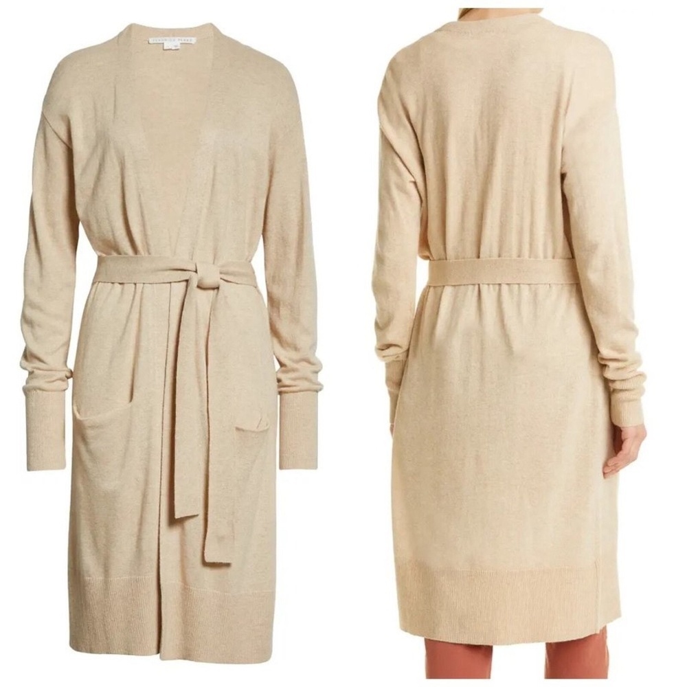 Veronica Beard Danzie Long Cardigan Beige Open Front Belt Merino Wool Small